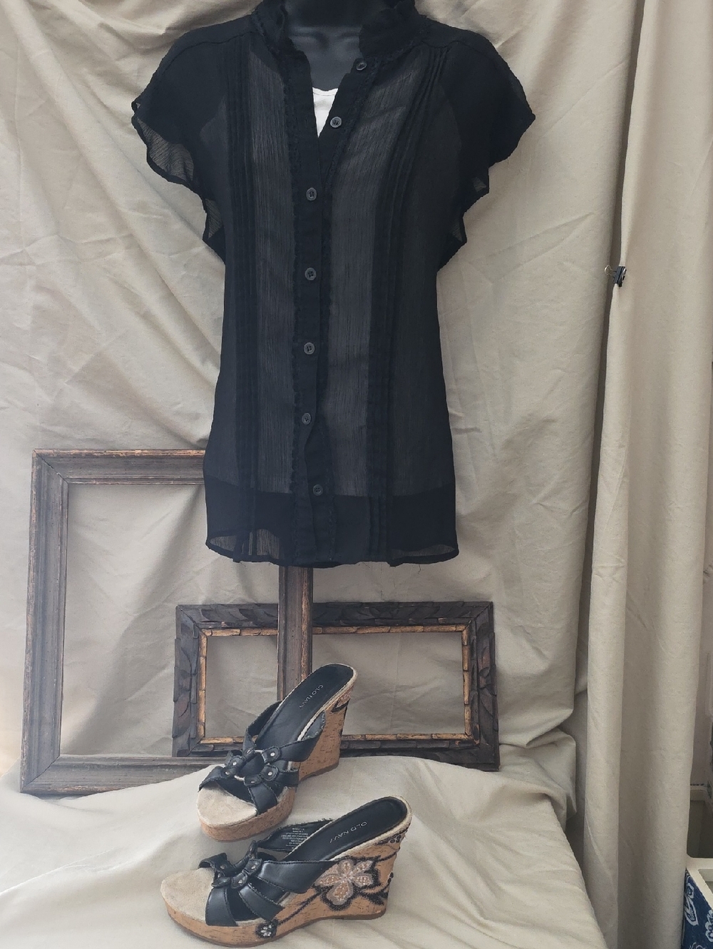 Apostrophe Black Sheer Button-Up Blouse